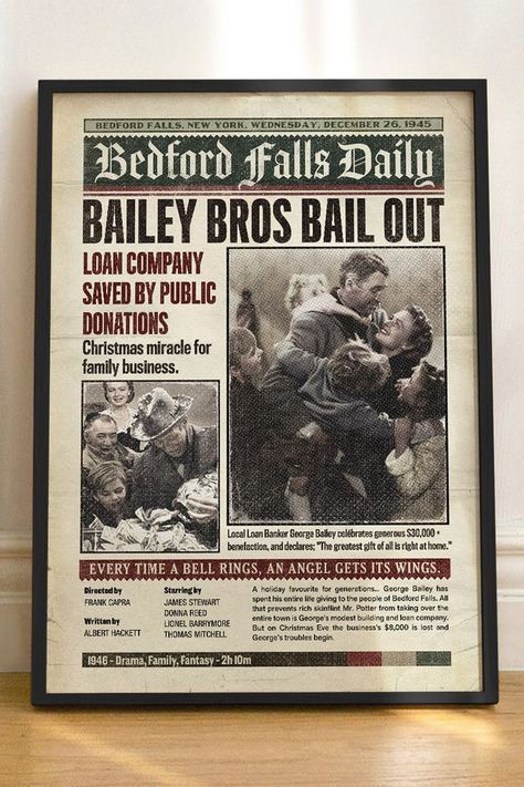 Movie poster print, classic movie poster, It's A Wonderful Life Movie Gift - Christmas movies Home Decor - Bedford Falls - Christmas Art Print - classic christmas movie Prints A3 A4 Movie Newspaper, Wonderful Life Movie, Bedford Falls, George Bailey, It’s A Wonderful Life, Xmas Movies, Donna Reed, It's A Wonderful Life, Classic Christmas Movies