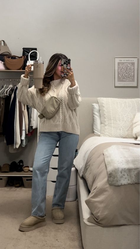 Anaya Oversized Sweater Beige curated on LTK Beige Chunky Sweater Outfit, Dad Jeans, Beige Sweater, Oversized Sweater, Fall Outfits, Lookbook, Style Inspiration, My Style, How To Wear