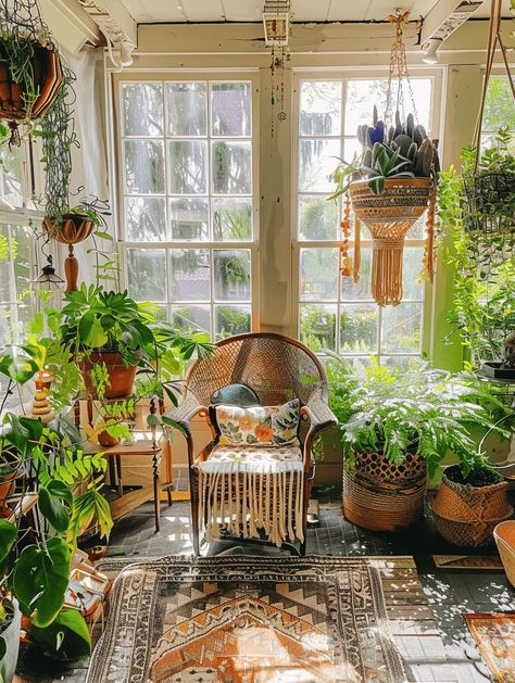 Boho Sunroom Designs: Vintage Finds and Greenery Attached Greenhouse Sunroom Cozy, Vintage Sunroom, Sunroom Boho Ideas, Solarium Room Bohemian, Boho Plant Room, Sunroom Full Of Plants, Attached Greenhouse Sunroom Bohemian, Plant Sunroom, Victorian Sunroom