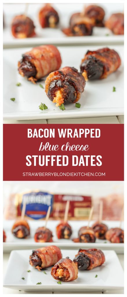 Sweet, creamy, sharp and smoky, these Bacon Wrapped Blue Cheese Stuffed Dates are perfect for your next party!  3 ingredients and super simple, these are sure to be your next go to appetizer for all those upcoming holiday festivities.  #bacondonewright #ad | Strawberry Blondie Kitchen Passable Appetizers, Blue Cheese Stuffed Dates, Cheese Stuffed Dates, Strawberry Blondie, Make Bacon, Stuffed Dates, Bacon Wrapped Dates, Delicious Appetizers, Bacon Appetizers