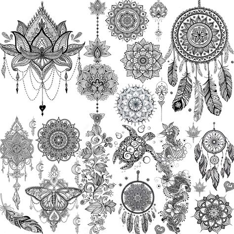 PRICES MAY VARY. 🐤【6 Sheets】Distinctive Design Brand FANRUI Temporary Tattoos For Women Adults Teens Bridal Brides Girls Lady Female Kids Tattoo Paper 3D DIY Custom Cover. 🐤【Large Size】 21x15cm 7.8"X5.9" Large Big Size 6 Sheets Fake Jewels Indian God Totem Tattoo Paste Of Paisley Henna Black Ink Temporary Tattoos Kit Sticker Decals Armband Dream Catcher. 🐤【Healthy & Simply To Use】NON-TOXIC Ink Semi Permanent Temporary Custom Tattoos Paper With FDA Certification. It'S Healthy, Environmental, N Butterfly Sleeve Tattoo, Tier Tattoo, Black Henna, Jewelry Chains, Mandala Floral, Tattoo Paper, Tattoos Geometric, Feather Dream Catcher, Mandalas Painting