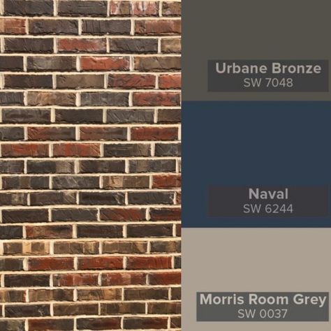 Urbane Bronze = Fence + Garage door Shutters?, Naval = Dormers and/or Shutters, Morris Grey = Trim Brick Home Shutter Color Ideas, Garage Door Colors With Brown Brick, Morris Room Grey Exterior, Dark Gray House Exterior With Brick, Exterior House Colors For Brick Houses, Urbane Bronze With Red Brick, Brown Brick Exterior Color Scheme, Garage Door Colors With Red Brick, Urbane Bronze Garage Door