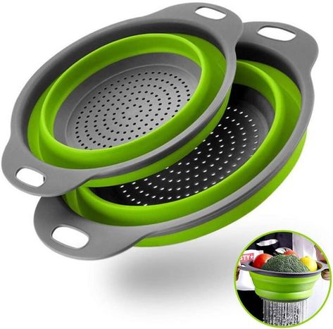 Vegetables Fruit Washing Basket Drain Tool，Small & Big Size Silicone Telescopic Colander with Handle For Kitchen/Home/Restaurant Round Shape 3 Color (Green) #CommissionEarned Muar, Kitchen Strainer, Kitchen Sink Strainer, Food Strainer, Salad Spinner, Washing Basket, Vegetable Basket, Silicone Kitchen, Kitchen Tools And Gadgets