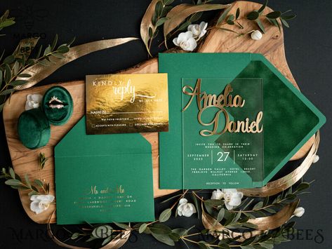 Are you ready to add a touch of opulence to your wedding celebration? Look no further than our stunning Gold Green Acrylic Wedding Invitations. Crafted with precision and elegance, these invitations are the epitome of luxury. The beauty of these invitations lies in their unique materials and design. The acrylic card adds a modern and contemporary twist, while the combination of gold and green hues evokes a sense of grandeur and richness. It's the perfect way to set the tone for a glamorous weddi Copper Wedding Invitations, Exclusive Wedding Invitations, Velvet Wedding Invitations, Wedding Invitations Luxury, Shine Wedding Invitations, Wedding Invitations Uk, Minimalistic Wedding, Stylish Wedding Invitation, Velvet Wedding