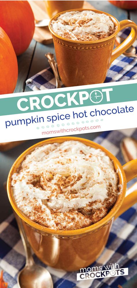 The perfect Fall beverage! This Crockpot Pumpkin Spice Hot Chocolate Recipe is perfect for autumn! Having it simmer in your slow cooker makes the house smell amazing too! | @MomsWCrockpots #crockpot #slowcooker #pumpkin #hotchocolate #pumpkinspice #beverage Pumpkin Spice Hot Chocolate Recipe, Pumpkin Spice Hot Chocolate, Spice Hot Chocolate, Crockpot Pumpkin, Chocolate Shakeology Recipes, Pumpkin Hot Chocolate, Winter Drink, Fall Drink, Slow Cooker Pumpkin