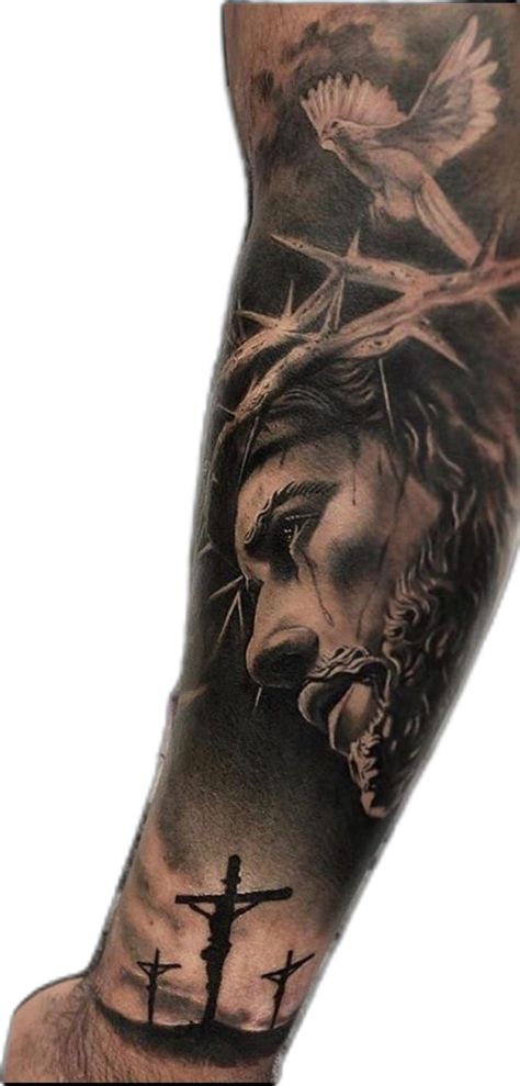 Jesus Tattoo Sleeve, Tattoo Half Sleeve, Sleeve Tattoos For Guys, Half Sleeve Tattoos, Lion Tattoo Sleeves, Christian Sleeve Tattoo, Half Sleeve Tattoos For Guys, Jesus Tattoo, Inked Men