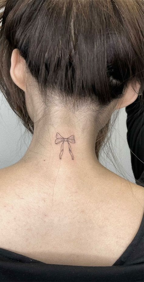 Small Tattoo Ideas, Simple Tattoos, finger tattoos, simple tattoo ideas, cute tattoo ideas, butterfly tattoos, dainty tattoos, tiny tattoo ideas, small meaningful tattoos Bow Tattoo Back Of Neck, Simple Tattoos Finger, Small Tattoo Ideas Simple, Dainty Neck Tattoo, Tattoo Ideas Small Meaningful, Tattoo Ideas Butterfly, Back Of Neck Tattoos For Women, Tattoo Ideas Cute, Tattoos Dainty