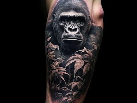 The Mighty Gorilla Arm Tattoo: Designs, Ideas, and More Silverback Tattoo, Gorilla Forearm Tattoo Men, Gorilla Tattoos, Monkey Tattoo Men, Gorilla Tattoo For Women, Gorilla Tattoo Ideas, Gorilla Back Tattoo Men, Chimpanzee Tattoo Design, Gorrila Tattoos Men