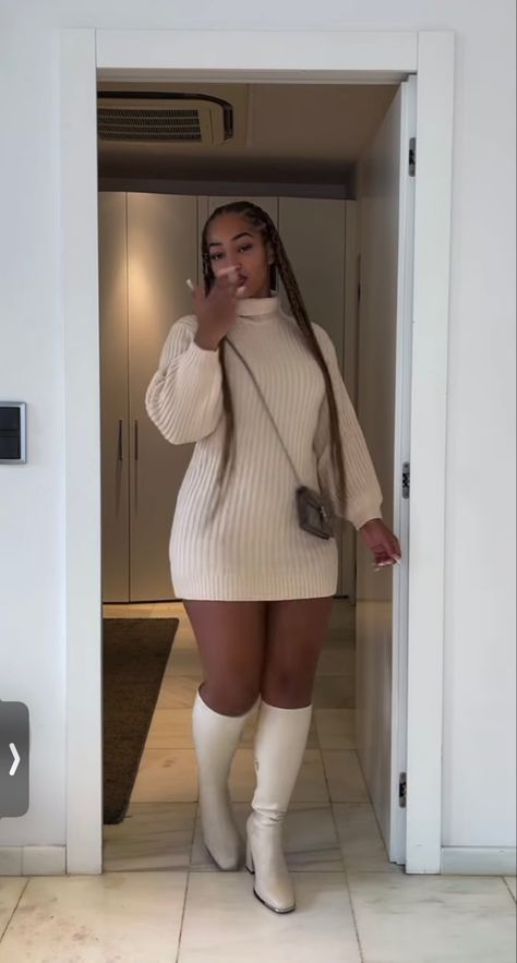 Sweater Dress Birthday Outfit, Sweater Dress With Boots Black Women, Brown Knit Dress Outfit, Sweater Dress Outfit Black Women, Sweater Dress And Boots Outfit, White Sweater Dress Outfit, Emt Graduation, Sweater Dress Outfits, Winter Inspo Outfits