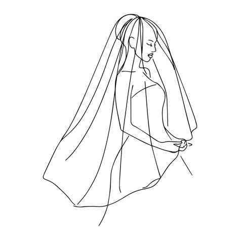 Bride in a wedding veil. Side view of a one line silhouette of a bride in a wedding dress. Continuous line hand drawn vector illustration for wedding, wedding party invitation Veil Sketch, Veil Illustration, One Line Silhouette, Line Silhouette, Wedding Party Invites, Hand Drawn Vector Illustrations, A Wedding Dress, Continuous Line, Hand Drawn Vector