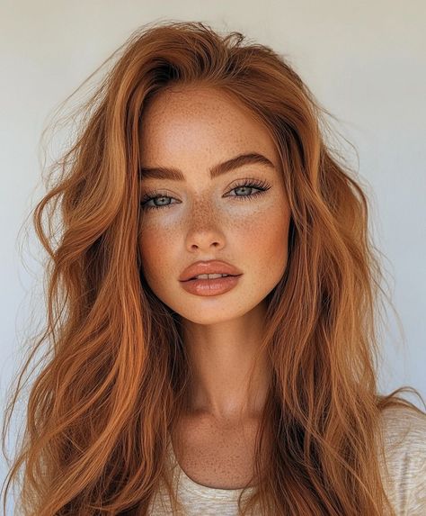 Copper Hair Makeup Looks, Ombre Hair Copper, Autumn Hair Ideas, Makeup Copper Hair, Copper Hair Makeup Ideas, Copper Hair Curtain Bangs, Blond Copper Hair, Natural Copper Hair Color, Peach Copper Hair