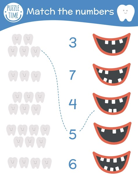 Download the Matching game with teeth and mouth. Dental care math activity for preschool children. Dentist clinic counting worksheet. Educational riddle with cute funny elements for kids. 7481441 royalty-free Vector from Vecteezy for your project and explore over a million other vectors, icons and clipart graphics! Teeth Activities For Preschool, Math Activity For Preschool, Tooth Preschool, Dental Games, Dental Health Preschool Crafts, Health Preschool, Dental Health Preschool, Mouth Hygiene, Hygiene Activities