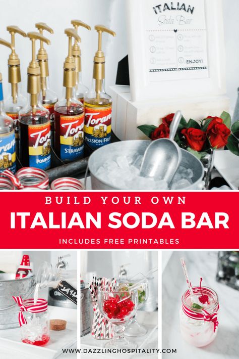 Italian Soda Bar Printable Free, Italian Party Backdrop, Italian Anniversary Party Ideas, Dirty Soda Bar, Pizzeria Party, Italian Soda Bar, Italian Sodas, Groceries List, Italy Party