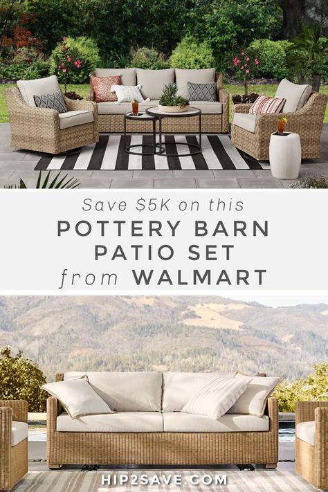 You can score this entire Walmart patio furniture set (including outdoor covers!) for $5k LESS than an identical set at Pottery Barn! #potterybarn #walmart #potterybarndupes #patiofurniture #furniture #outdoorfurniture #betterhomesandgardens #outdoorliving #patioset #patiofurniture Porch Furniture Layout, Patio Set Up, Pool Patio Furniture, Patio Furniture Layout, Patio Furniture Conversation Sets, Outdoor Wicker Patio Furniture, Farmhouse Patio, Outdoor Patio Set, Patio Inspiration