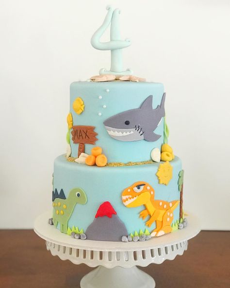 Shark And Dinosaur Cake, Shark Birthday Cakes, Dinosaur Birthday Cakes, Shark Cake, Happy 4th Birthday, Dinosaur Cake, Shark Birthday, Dinosaur Birthday, When You Love