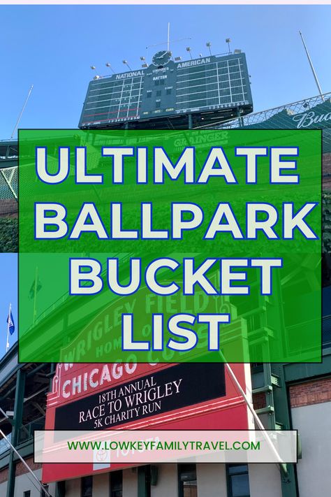 Top Baseball Destinations For The Ultimate Fan's Bucket List. Check out all of the ballparks that we have managed to check off the list and read on for recommendations for making the most of your baseball stadium visits. 
Wrigley Field
Yankee Stadium
Fenway Park
Dodger Stadium
Miller Park (American Family Field)
Target Field
Guaranteed Rate Field
Camden Yards
Coors Field
PNC Park
T Mobile Park
Petco Park
Busch Stadiumf
Nationals Park
Angel Stadium
To name a few . . . Field Target, Mlb Stadium, Baseball Buckets, Major League Baseball Stadiums, Coors Field, Kauffman Stadium, Target Field, Angel Stadium, Mlb Stadiums