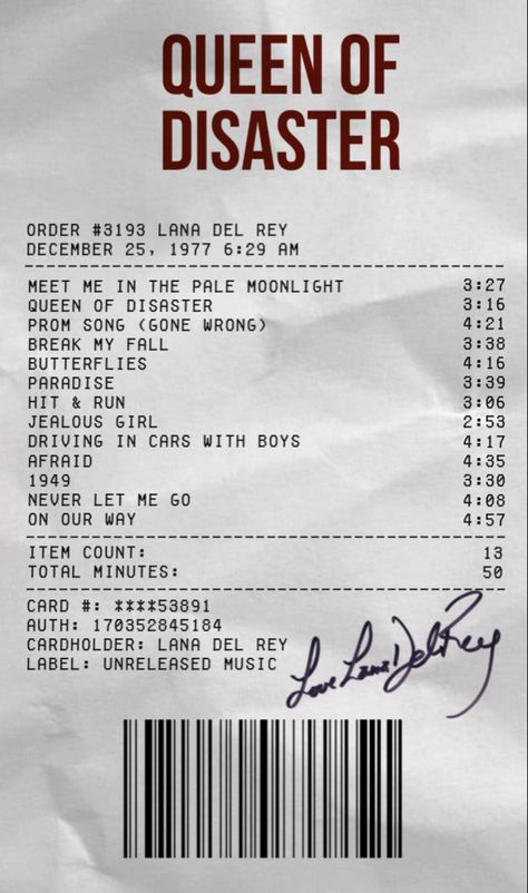 Lana Del Rey Album List, How To Be Lana Del Rey Aesthetic, Lana Del Rey Album Receipt, Receipt Lana Del Rey, Lana Del Rey Unreleased Songs, Lana Del Rey Album Aesthetic, Lana Del Rey Receipt, Lana Del Rey Writing, Prom Song Lana Del Rey