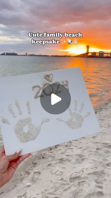 Christine Andrew | Hello Fashion on Instagram: "save this for your next beach day or family trip keepsake 🐚🩵 And how cute would this be as a Mother’s Day gift with all the kids hand prints on it in a frame 🥺 personalized gifts and crafts from my kids is always my favorite! 

to make these family hand prints all you need is a canvas and some Elmer’s glue. the boys made one and Cody and I made one. You could get a bigger canvas and do the whole family 🫶🏼

#familytrip #sunset #mothersday #kidscraft #familygoals #love #beachtrip #crafts #handprint" Handprints On Canvas, Beach Handprint Art, Beach Keepsake Ideas For Kids, Hand Print Crafts For Kids, Family Hand Print Art With Dog, Family Paint Handprints, Kids Handprint Art Fabric, Family Beach Painting, Beach Keepsakes