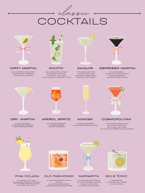 Girly Classic Cocktail Recipe Poster with Bows 21st Birthday Party Drinks, Cocktail Recipes Poster, Girly Cocktail Recipes, Cocktail Board, Cocktail Birthday Party Ideas, Aesthetic Cocktails, Girly Cocktails, Cute Cocktails, Easy Cocktail Recipes