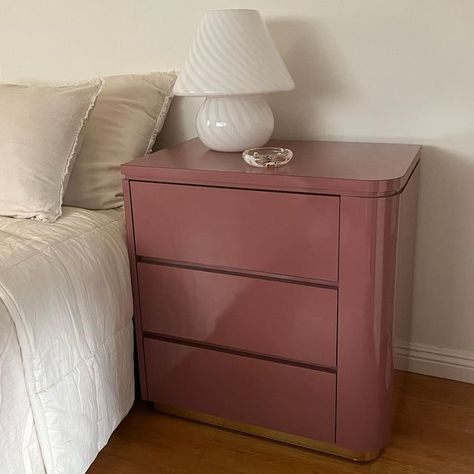 Rose Witch Vintage LA on Instagram: "Vintage Mauve Pink Waterfall Nightstands with Gold Trimming By Beautyline, a discontinued line of elegant furniture from the 80’s-90’s. Excellent condition. 28” L x 18” W x 30.5” H 〰️SOLD Local LA or SF Bay Area delivery available for a fee." Mauve Nightstand, Pink Nightstand, Vintage Waterfall Furniture, Barbiecore Nightstand, Vintage Pink Nightstand, Vintage Waterfall Vanity, Pink Antique Dresser, Pink Nightstands, Sister Room