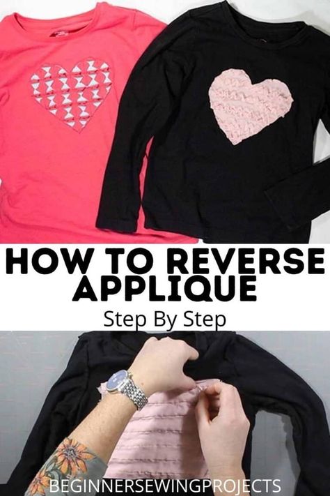 Make something fun and new! Today we are going to show you How To Reverse Applique Step By Step! Reverse Applique is when you sew two pieces of fabric together while making a shape. This is a fun project and I think it turned out great. I'll show you a couple different ways to do it, so pick the one that works best for you. Easy sewing projects. Tips. How To Reverse Applique Step By Step Decorated Sweatshirts Ideas, Diy Applique Shirts, Sew On Patches Ideas, Sweatshirt Applique Diy Ideas, Reverse Applique Sweatshirt Diy, Applique Patterns Printable, Reverse Applique Sweatshirt, Reverse Applique Designs, Reverse Applique Tutorial