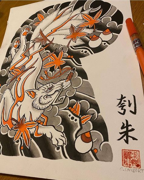 Japanese Kitsune Tattoo, Kitsune Tattoo, Japanese Kitsune, Christian Sleeve Tattoo, Full Leg Tattoos, Japanese Designs, Kitsune Mask, Fox Painting, Traditional Japanese Tattoos