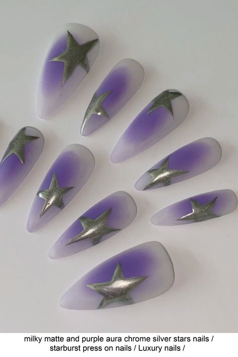 ✴ Hand painted ✴ Reusable ✴ High Quality ✴ Available in different colors, sizes and shapes (on request) IMPORTANT - PLEASE READ BEFORE PURCHASING All sets are made with GEL nail polish. These nails are reusable, if you take it off right. For instruction, please message me Each set comes with 10 handmade press on nails, a mini file, a mini buffer, a cuticle stick, a nail glue, Double Sided Adhesive Tape Glue, Alcohol Pad 1. Measurements Please mea Milky Purple Nails, Silver Stars Nails, Silver And Purple Nails, Nails Stiletto Long, Purple And Silver Nails, Purple Chrome Nails, Stars Nails, Purple Aura, Nails Y2k