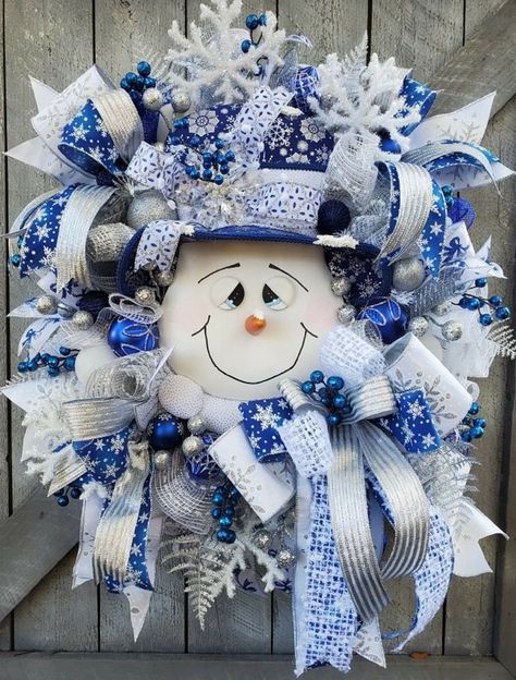 Blue Silver White Wreath, Blue And White Christmas Wreath, Mailbox Toppers, Front Door Blue, Blue Christmas Wreath, Snowman Wreaths, Wreaths Front Door, Diy Christmas Candy, Large Christmas Wreath