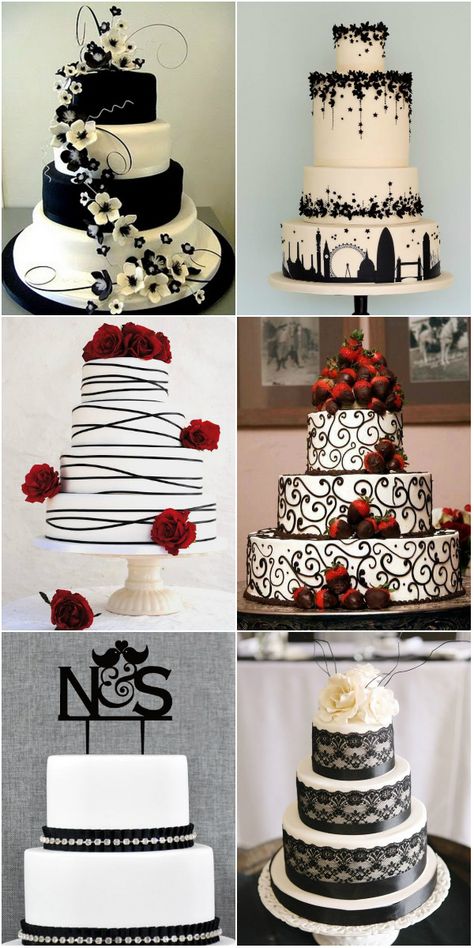 Black N White Wedding, Black And White Wedding Cakes, Black And White Wedding Ideas, Gothic Wedding Cake, Classic Black And White Wedding, White Wedding Ideas, Black And White Wedding Cake, Black And White Wedding Theme, Wedding Cakes Elegant