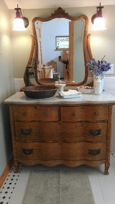 Beautiful antique dresser I turned into a bathroom vanity with a marble top and copper sink. Primitive Bathrooms, Bathroom Vanity Designs, Rustic Bathroom Vanities, Dresser Vanity, Vanity Design, Rustic Bathrooms, Copper Sink, Chic Bathrooms, Bathroom Redo