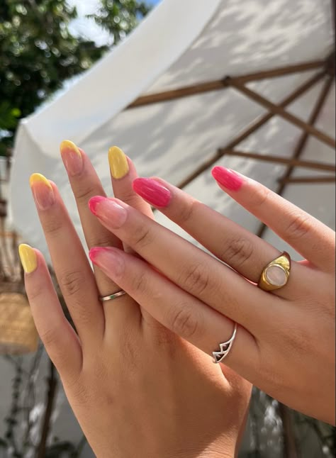 Pink And Yellow Nails Design, Summer Nails Yellow And Pink, Pink Yellow And Orange Nails, Neon Nail Ideas Summer Almond, Yellow Nails French Tip, Yellow Pink Nails, Summer Nails Neon Pink, Pink Lemonade Nails, Yellow And Pink Nails