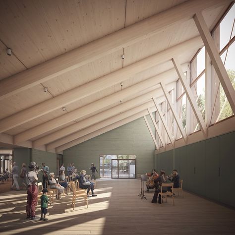 Timber Architecture, Timber Roof, Window Detail, Community Halls, Community Centre, Wood Architecture, Timber Structure, Community Space, Architecture Rendering