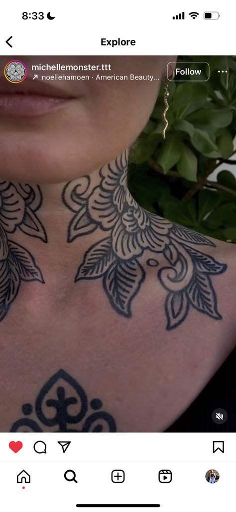 Neck Piece Tattoos Women, Ornamental Neck And Chest Tattoo, Traditional Throat Tattoos Women, Ornament Neck Tattoo, Symmetrical Neck Tattoos Women, American Trad Neck Tattoo, Soft Neck Tattoo, American Traditional Neck Tattoos Women, Full Throat Tattoos Women