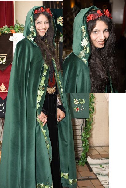 An evergreen embroidered cloak I made / with ivy embroidery (can't remember the name of the lady wearing it in this picture :) Cloak Embroidery, Embroidered Cloak, Tam Lin, Maid Marian, Pagan Crafts, Green Velvet Dress, Cloak, Green Velvet, Velvet Dress