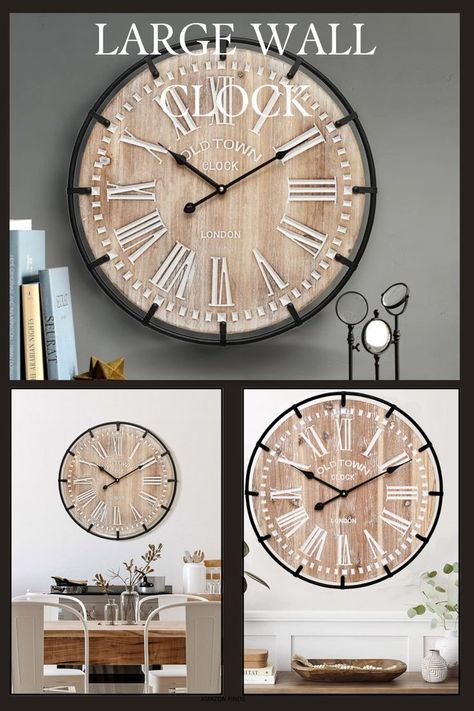 A large farmhouse wooden wall clock measuring 24 inches with engraved numerals is a perfect blend of rustic charm and functional elegance. This type of clock serves as both a timepiece and a decorative statement, enhancing the aesthetic appeal of any room. The wooden construction offers a natural, warm texture, making it an ideal addition to farmhouse or country-style decor. Clock Over Tv, Living Room Fireplace, Large Farmhouse, Farmhouse Wall Clock, Wooden Construction, Country Style Decor, Amazon Home Decor, Metal Circle, Wooden Wall Clock