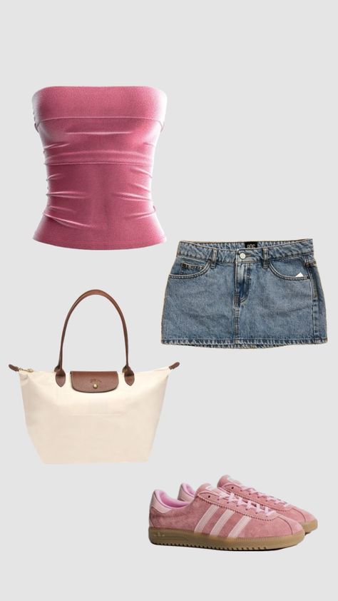 pink outfit inspo 🎀🎧🌸 Brown Longchamp, White Denim Skirt Outfit, Brandy Skirt, Pink Summer Outfits, Longchamp Outfit, Strapless Tank Top, Brandy Melville Skirt, Adidas Sambas, Longchamp Bag