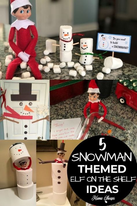 Do you want to build a snowman? Will you build him out of marshmallows? How about out of toilet paper rolls? Perhaps you will turn a door into a snowman. Or maybe, your snowman will melt once you bring him inside (oops). Here are 5 fun and pretty easy ideas for your elf to try that are all - you guessed it - snowman themed! Fun and entertaining ideas that the elves (and their kids) will love! #elfideas #elfontheshelf #diy #christmas #mamacheaps Elf On Shelf Snowman, Elf Snowman Ideas, Do You Want To Build A Snowman Elf Idea, Elf Toilet Paper Snowman, Elf Melted Snowman, Toilet Paper Elf Ideas, Elf On The Shelf Toilet Paper Snowman, Elf On The Shelf Ideas Snowman, Elf On The Shelf Build A Snowman