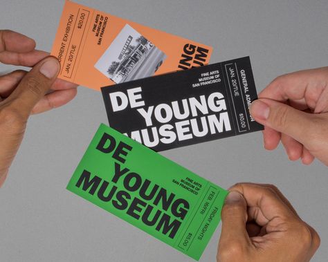 De Young Museum visual identity (fictional) - Fonts In Use Exhibition Logo, Ticket Cinema, Museum Identity, Museum Branding, Museum Logo, Voucher Design, Learning Logo, Visual System, Ticket Design