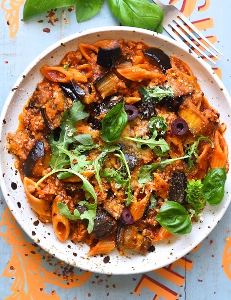 Penne Baked Eggplant Alla Norma | Nourish Deliciously Eggplant Recipes Pasta, Eggplant Pasta, Pasta Alla Norma, Spicy Tomato Sauce, Baked Eggplant, Vegetarian Pasta, Plum Tomatoes, The Sauce, Hug Me