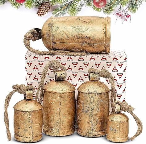 Amazon.com: Akatva Large Christmas Bells for Decoration – Cow Bells for Rustic Christmas Decor – Gold Bells for Christmas Decorations – Vintage Bells – Rustic Bells on Rope Set of 5 Pieces – Brass Rustic Finish : Home & Kitchen Large Christmas Bells, Gold Christmas Bells, Antique Christmas Decorations, Antique Bell, Rustic Christmas Decor, Bell Decorations, Rustic Holiday, Cow Bell, Vintage Bell