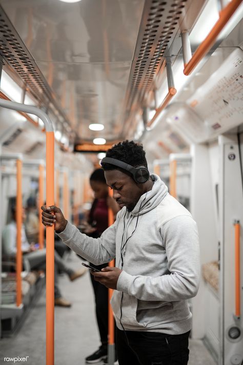 Standing passenger listening to music on the train | premium image by rawpixel.com / Luke Stackpoole Person Listening To Music Reference, Person Listening To Music, People Listening To Music, The Art Of Listening, Black Hoodie Men, Street Pictures, Fabric Wall Art, Photographs Of People, Color Pencil Art