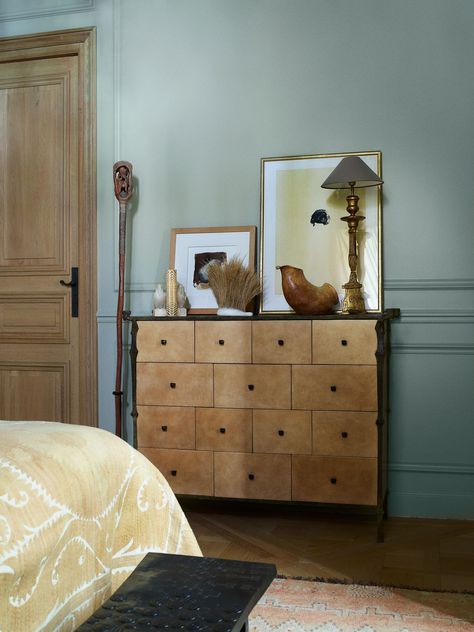 Inside a Parisian Sculptor’s Elegant Bronze-Filled Home | Architectural Digest Bedroom Wall Color, Custom Dresser, Parisian Decor, Home Outside, Color Combinations Paint, Paint Color Inspiration, Pierre Jeanneret, In The Bedroom, Moroccan Carpets