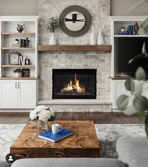 Fireplace With Built Ins And Tv On Side, Rock Fireplace With Built Ins, Fireplace With Book Shelves, Fireplace Built Ins With Tv, Fireplace Without Built Ins, Fireplace Makeover With Tv, Fireplace Built Ins Vaulted Ceiling, Fireplace With Bookshelves On Each Side, Fireplaces Ideas Living Room