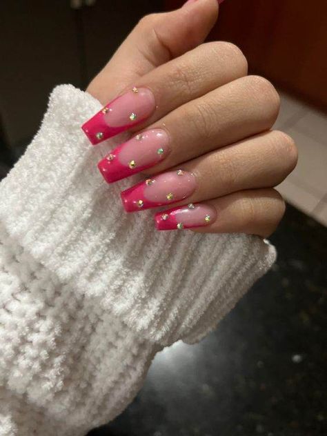 27 Captivating Pink French Tips Nails Every Girl Should Try - 190 Nails Acrylic Pink Rhinestones, Color French Tip Nails With Rhinestones, Pink Nails Acrylic Diamonds, Coffin Acrylic Nails French Tip Pink, Long Pink French Tip Nails With Rhinestones, Pink V French Tip Nails Coffin, Hot Pink Nails With Pearls, Hot Pink French Tip Nails With Rhinestones, Magenta French Tip Nails Acrylic