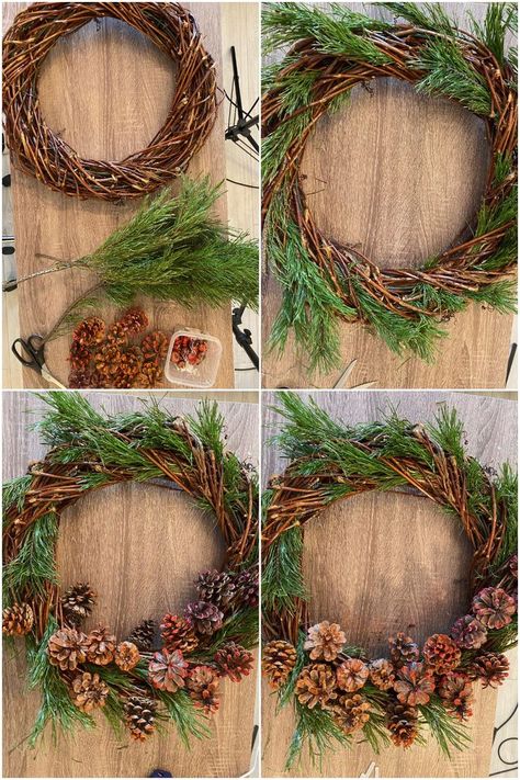 Holiday Grapevine Wreath, Natural Xmas Wreaths, How To Make A Natural Wreath, Wicker Wreath Ideas Christmas, Simple Grapevine Wreath, Christmas Twig Wreath, Willow Wreath Ideas Christmas, Diy Natural Christmas Wreath, Pine Christmas Wreaths Diy