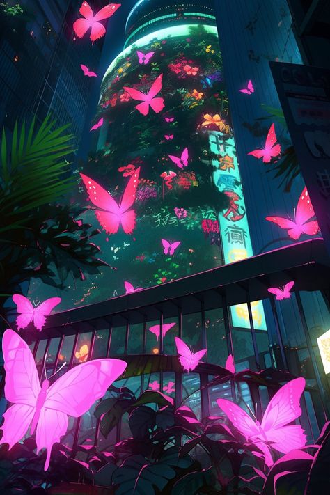 Cyberpunk Garden, Green And Pink Wallpaper Aesthetic, Cyberpunk Butterfly, Neon Cyberpunk Aesthetic, Neon Pink Aesthetic, Neon Butterfly, Butterfly Gardens, Pixel Art Background, Bg Design