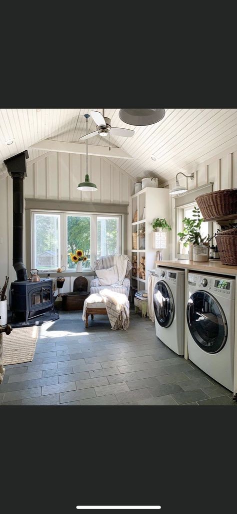 Laundry room, sunroom combo. Cozy. Farmhouse. Mud Room Addition, Laundry Room Addition, Mud Room Laundry Room Combo, Farmhouse Sunroom, Mudroom Addition, Small Sunroom, Laundry Room/mud Room, Sunroom Addition, Sunroom Decorating