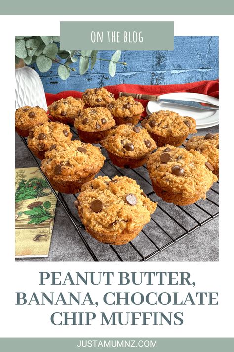 Delicious recipe for Peanut Butter Banana Chocolate Chip Muffins, an easy delicious rich muffin Banana Choc Chip Muffins, Banana Coconut Muffins, Chocolate Chip Muffin, Chocolate Chip Muffin Recipe, Coconut Muffins, Banana Chocolate Chip Muffins, Banana Chocolate, Cinnamon Banana, Muffin Recipe