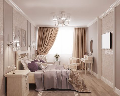 Bedroom in pastel beige and lilac tones Beige White Purple Bedroom, Lilac And Beige Bedroom, Lilac And Gold Bedroom, Beige And Purple Bedroom, Purple And Beige Bedroom, Lilac Bedroom Aesthetic, Lavender Bedroom Aesthetic, Pastel Purple Bedroom, White And Purple Bedroom