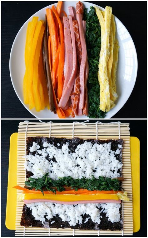 Miss Hangrypants: Easy Kimbap - 김밥 Easy Kimbap, Gimbap Recipe, Student Cooking, Resep Sushi, Sushi Recipes Homemade, Japanese Desserts, Korean Cooking, Homemade Sushi, Korean Dishes